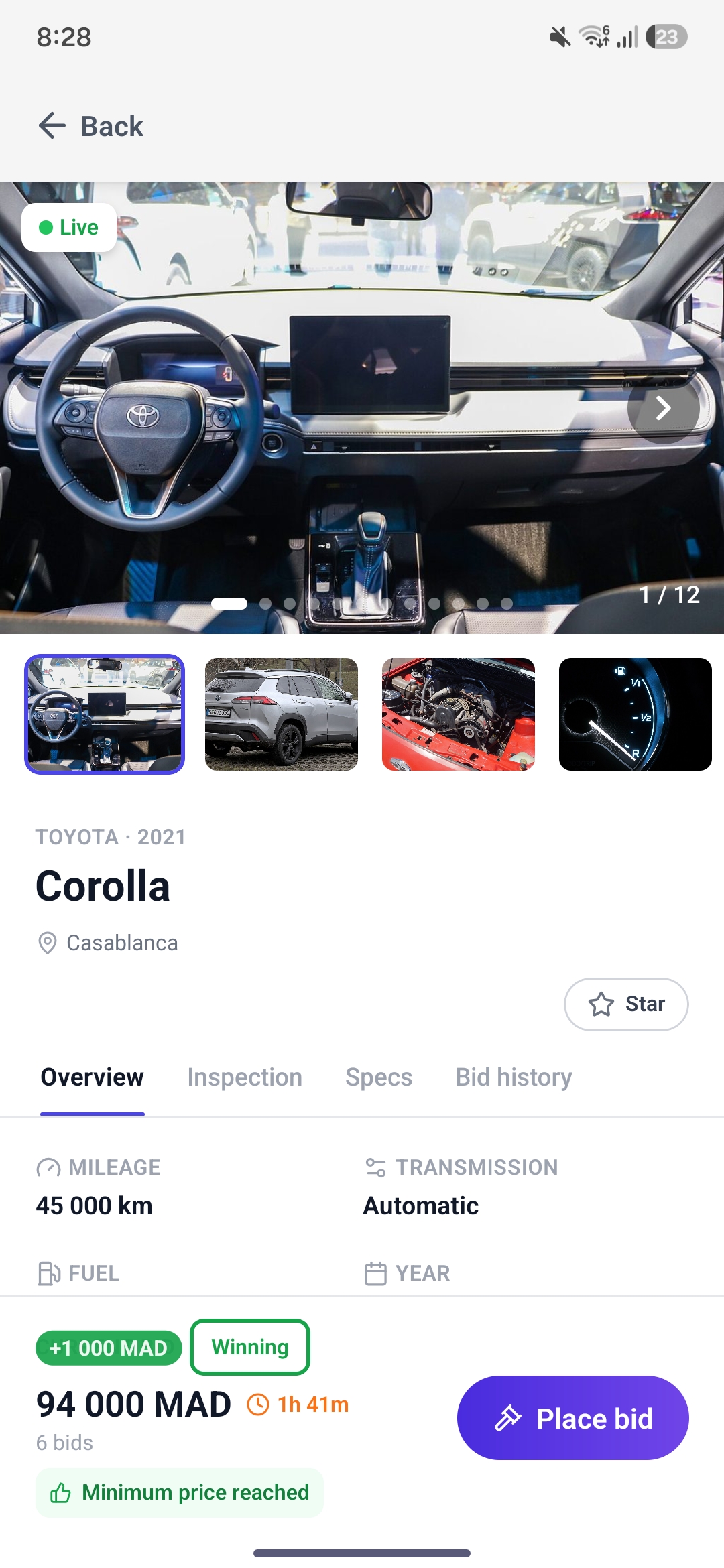 Maz app — vehicle detail with live bidding
