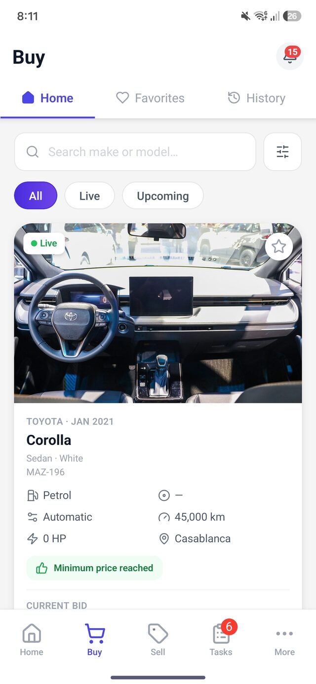 Maz app — browsing live vehicle auctions