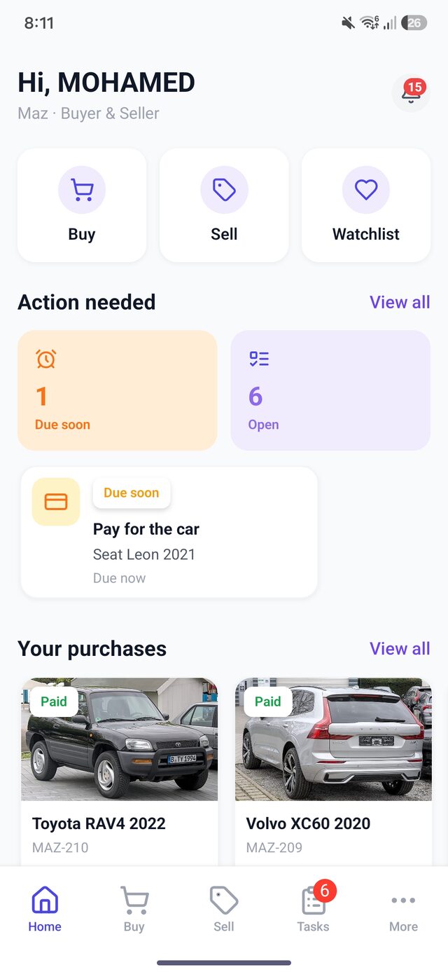 Maz app — dealer dashboard with tasks and purchases
