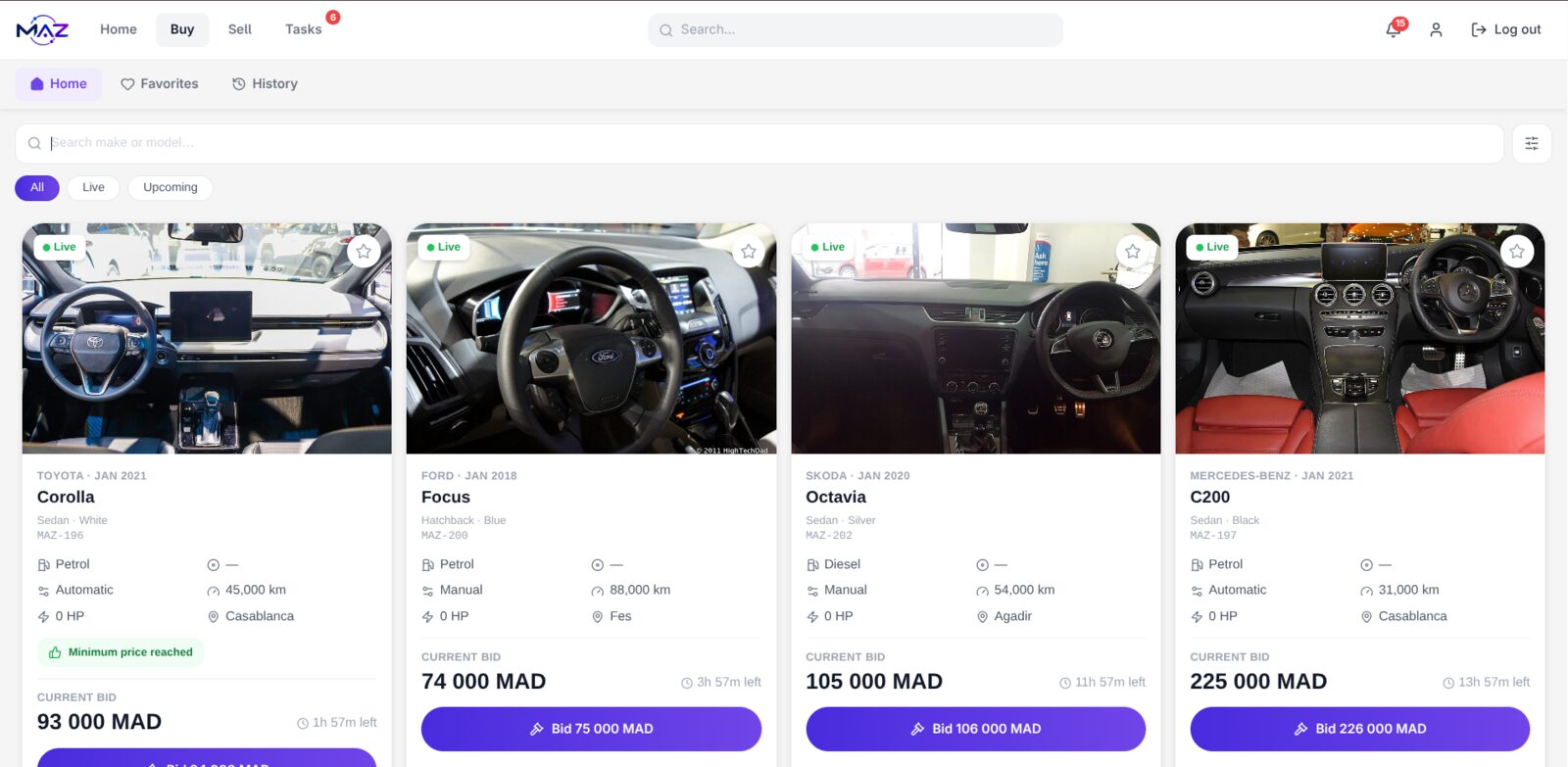 Maz web app — auction marketplace on desktop